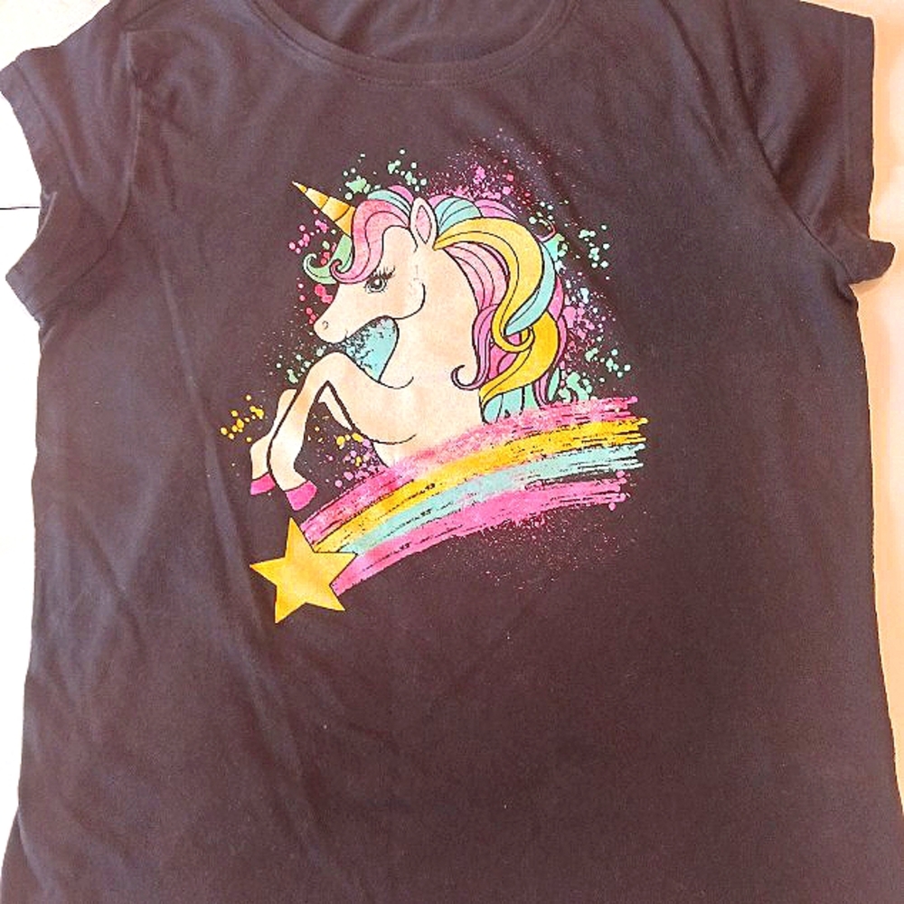 UNICORN Graphic Girl's T-Shirt Short Sleeve 100% Cotton Black Size Large